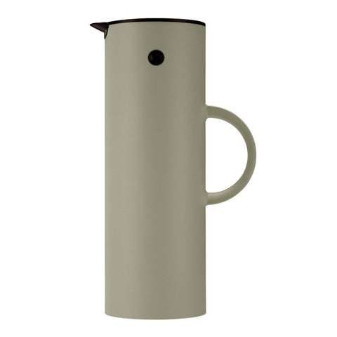 Cylindrical, Soft Moss vacuum jug with a thin, semi-circle handle, a black lid with a beak-shaped pour spout, and a black button "eye."