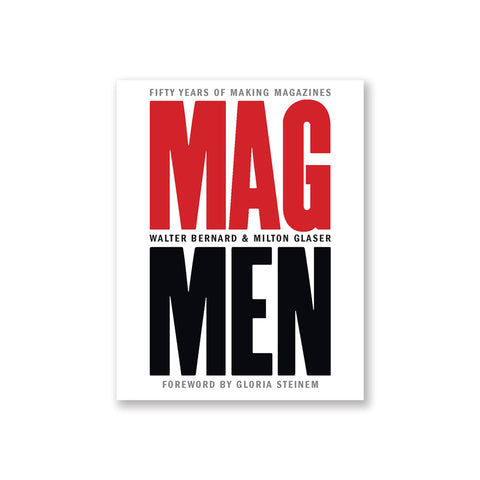 White book cover with tall 'M A G' in red on top and 'M E N' in black on bottom with subtitle and author information between above and below