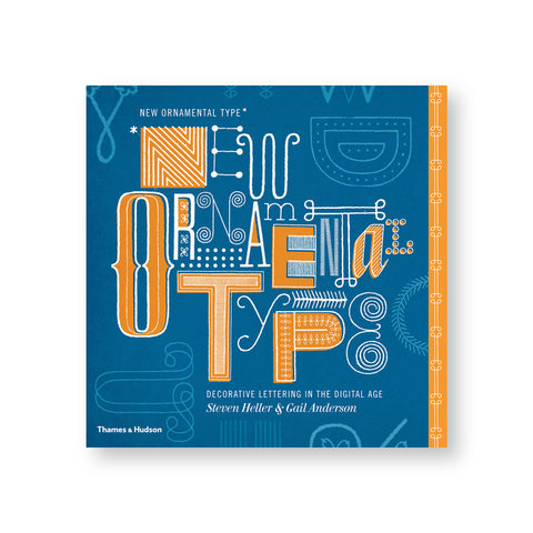 Book cover in navy blue with title in various ornamental types in yellow/orange with white outlines.