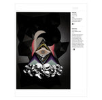 Interior spread with an illustration of a colorful pyramid with an eye surrounded by black forms